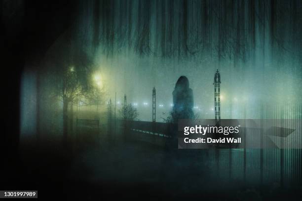 a ghostly transparent woman. standing in a park. on an atmospheric winters night. with a grunge, blurred vintage edit. - soul city ストックフォトと画像