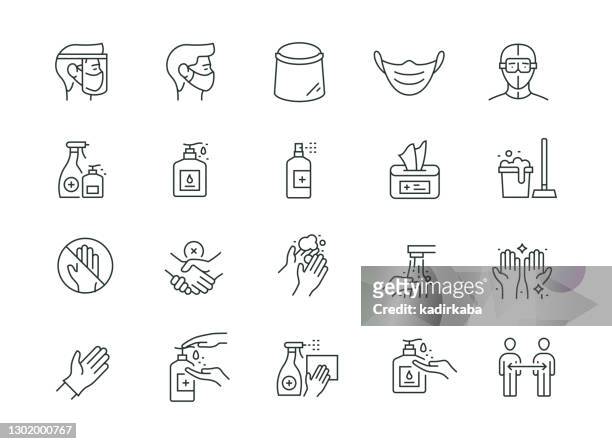 illustrations, cliparts, dessins animés et icônes de coronavirus prevention thin line series - medical symbol stock