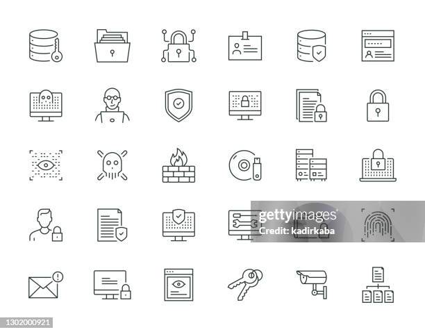 ilustraciones, imágenes clip art, dibujos animados e iconos de stock de serie de líneas delgadas de seguridad de datos - seguridad de redes