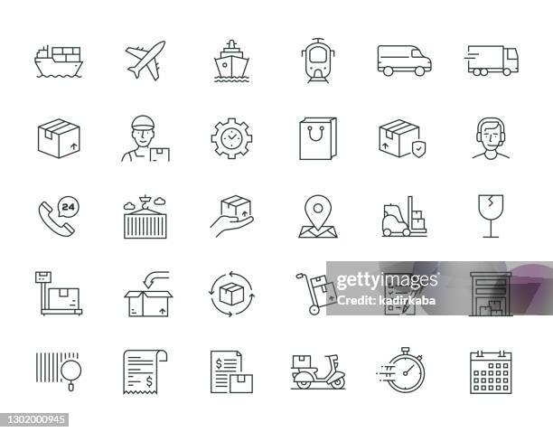 stockillustraties, clipart, cartoons en iconen met leveringselementen thin line-serie - industrieel schip