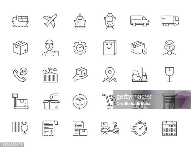 delivery elements thin line series - freight transportation stock illustrations