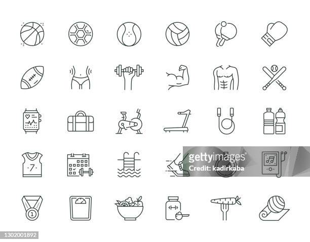 fitness and sports thin line series - tennis ball icon stock illustrations