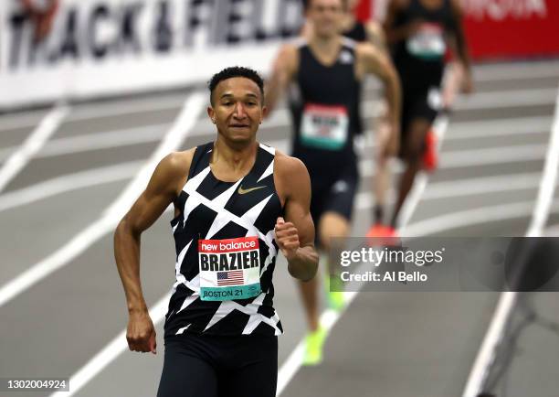 Donovan Brazier wins the mens 800m final during the New Balance Indoor Grand Prix at Ocean Breeze Athletic Complex on February 13, 2021 in New York,...