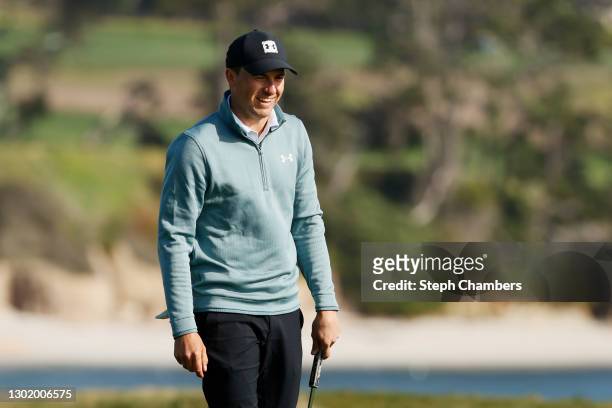 Jordan Spieth of the United States reacts on the 17th green during the third round of the AT&T Pebble Beach Pro-Am at Pebble Beach Golf Links on...