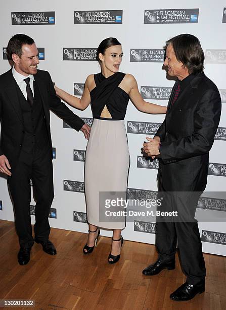 Actors Michael Fassbender, Keira Knightley and Viggo Mortensen attend the Premiere of 'A Dangerous Method' during the 55th BFI London Film Festival...