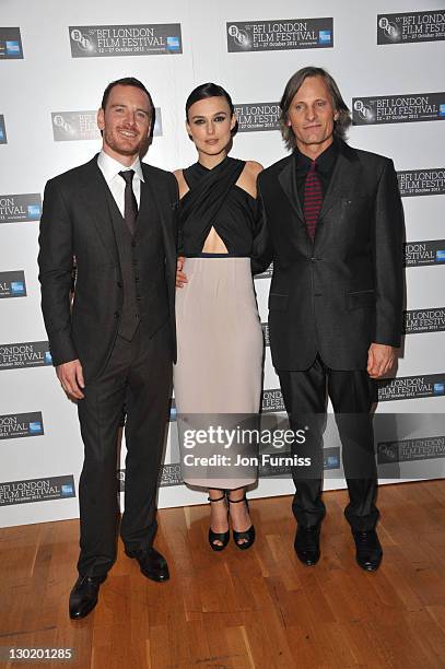 Michael Fassbender, Keira Knightley and Viggo Mortensen attends the screening of 'A Dangerous Method' at The 55th BFI London Film Festival at on...