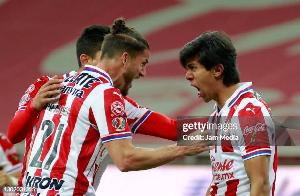 Jose Juan Macias of Chivas celebrates after scoring the second goal of his team during the 6th round match between Chivas and Necaxa as part of...