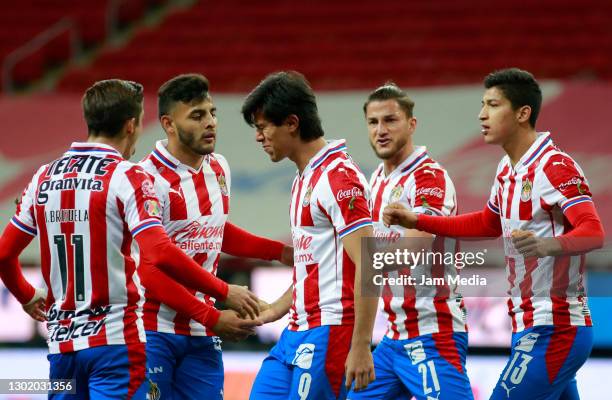 Jose Juan Macias of Chivas celebrates after scoring the second goal of his team during the 6th round match between Chivas and Necaxa as part of...