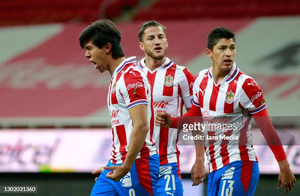 Jose Juan Macias of Chivas celebrates after scoring the second goal of his team during the 6th round match between Chivas and Necaxa as part of...