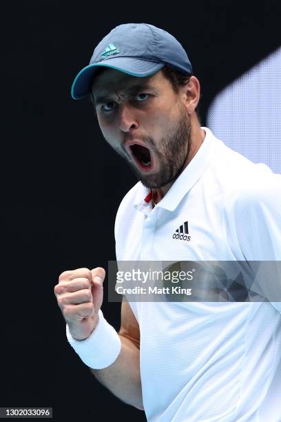 Aslan Karatsev of Russia celebrates winning the third set in his Men's Singles fourth round match against Felix Auger-Aliassime of Canada during day...