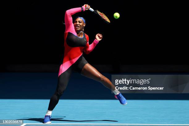 Serena Williams of the United States plays a forehand in her Women's Singles fourth round match against Aryna Sabalenka of Belarus during day seven...