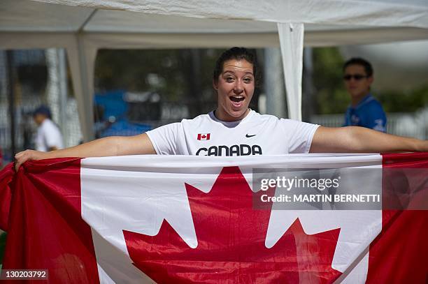 Canada's Sultana Frizell celebrates after getting the silver medal in the women's Hammer Throw during the Guadalajara 2011 XVI Pan American Games in...