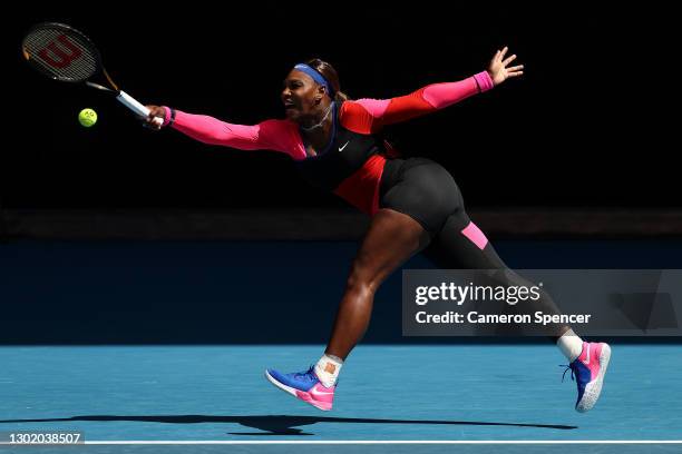 Serena Williams of the United States plays a forehand in her Women's Singles fourth round match against Aryna Sabalenka of Belarus during day seven...