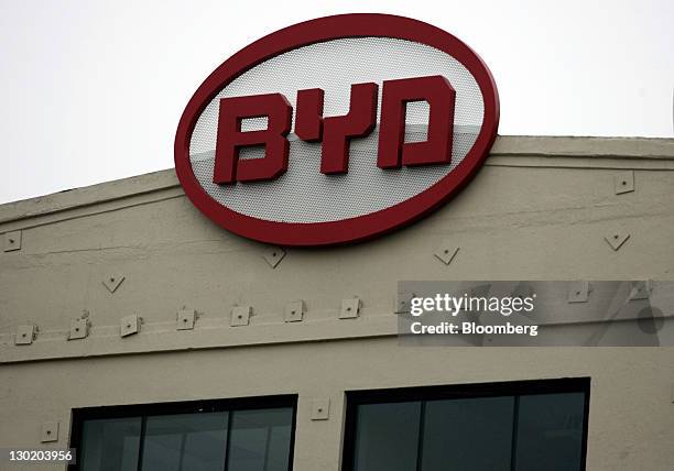 Signage for Chinese carmaker BYD Co. Is displayed at the grand opening of their North American headquarters in Los Angeles, California, U.S., on...