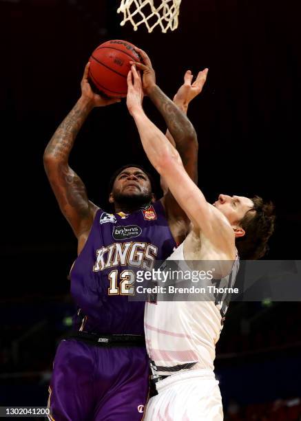 Jarell Martin of the Kings drives to the basket during the round five NBL match between the Sydney Kings and the Illawarra Hawks at Qudos Bank Arena,...
