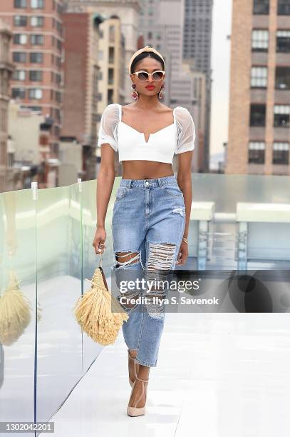 Model walks the runway wearing LAUEDEEKLY during the Flying Solo show on February 13, 2021 in New York City.