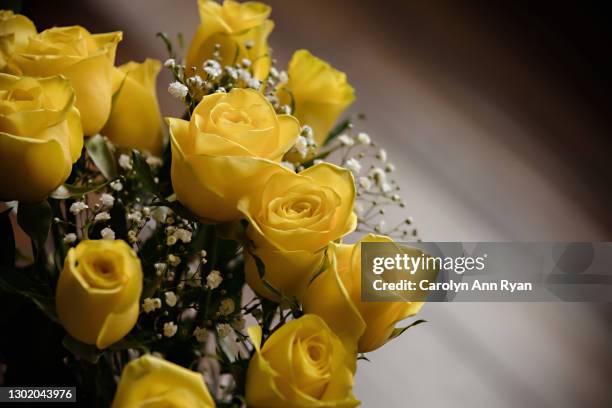 yellow roses and baby’s breath - leichenbestatter stock-fotos und bilder