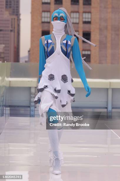 Model walks the runway during the Flying Solo 2021 show on February 13, 2021 in New York City.