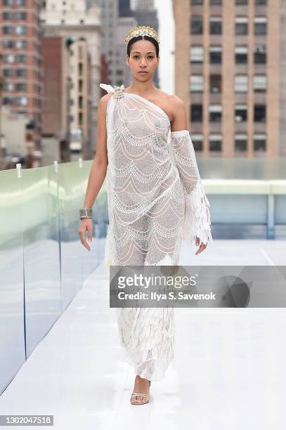 Model walks the runway wearing Nazarene Fashion during the Flying Solo show on February 13, 2021 in New York City.