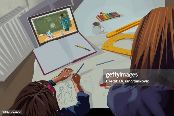 mother helping her daughter while study at home online with teacher on - kids helping each other drawing stock illustrations