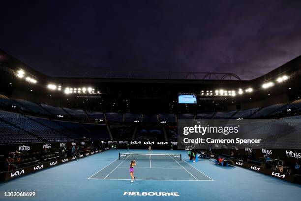 General view inside Rod Laver Arena as Simona Halep of Romania plays a backhand in her Women's Singles fourth round match against Iga Swiatek of...