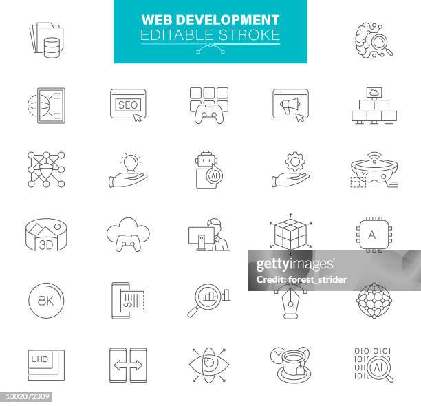web development icons editable stroke. the set contains icons seo, web design, data analyzing, portfolio, web page - software engineering problem solving stock illustrations