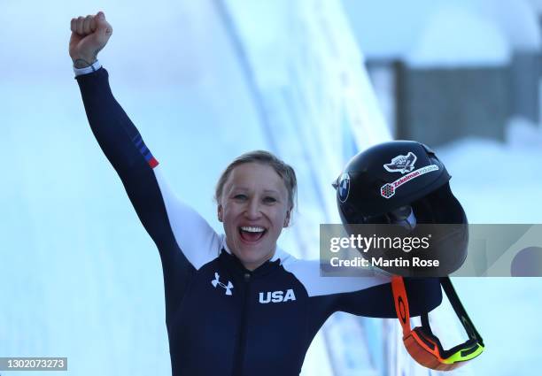 Kaillie Humphries of the United States celebrates winning the Women’s Monobob at the IBSF World Championships 2021 Altenberg competition at Eiskanal...