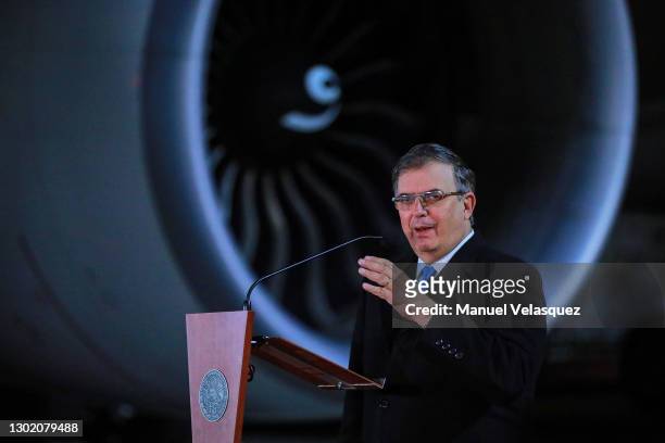 Marcelo Ebrard, Foreign Minister gives a speech during the arrival to the Benito Juarez International Airport of the first shipping of the...