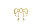 Golden egyptian scarab silhouette linear vector illustration