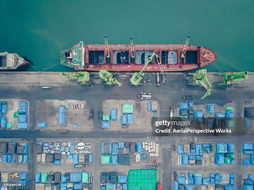 Drone Point View of Cargo Ship in the Port