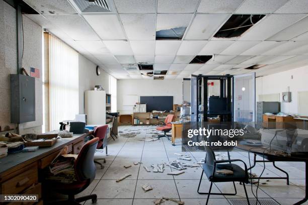 interior view of a decaying abandoned office - run down stock pictures, royalty-free photos & images