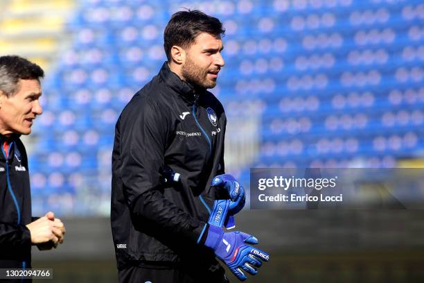 Marco Sportiello of Atalanta looks on during the Serie A match between Cagliari Calcio and Atalanta BC at Sardegna Arena on February 14, 2021 in...