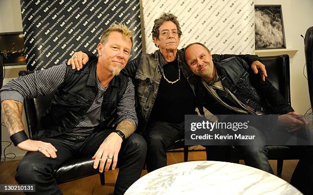 Lou Reed James Hetfield and Lars Ulrich of Metallica attend the Lou Reed and Metallica "Lulu" listening party for Bowers & Wilkins Sound Sessions at...