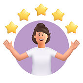 3D cartoon character. Young woman points to the stars, good review. Customer review rating and client feedback concept. Smiling cute brunette girl.  3d vector illustration.