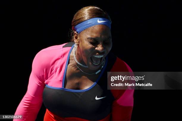 Serena Williams of the United States celebrates after winning a point in her Women's Singles fourth round match against Aryna Sabalenka of Belarus...