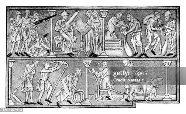 über die kultur des 12. bis 13. jahrhunderts. miniatur in einer psalter-handschrift aus dem 13. jahrhundert - mittelalterlich stock-grafiken, -clipart, -cartoons und -symbole