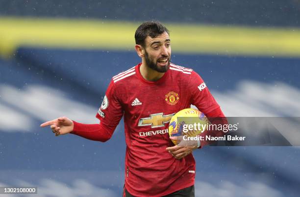 Bruno Fernandes of Manchester United reacts after a no penalty decision during the Premier League match between West Bromwich Albion and Manchester...