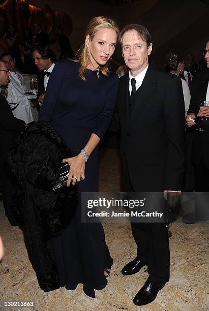 Actors Uma Thurman and Steve Buscemi attend an evening with Ralph Lauren hosted by Oprah Winfrey and presented at Lincoln Center on October 24, 2011...