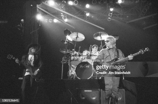 Elliot Easton, David Robinson, Benjamin Orr of rock band The Cars performs on the Door to Door Tour at the St. Paul Civic Center in St. Paul,...