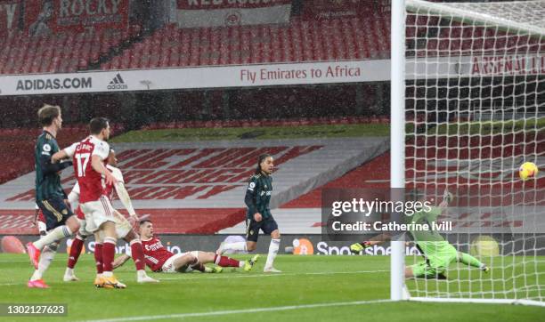 Helder Costa of Leeds United scores their side's second goal during the Premier League match between Arsenal and Leeds United at Emirates Stadium on...