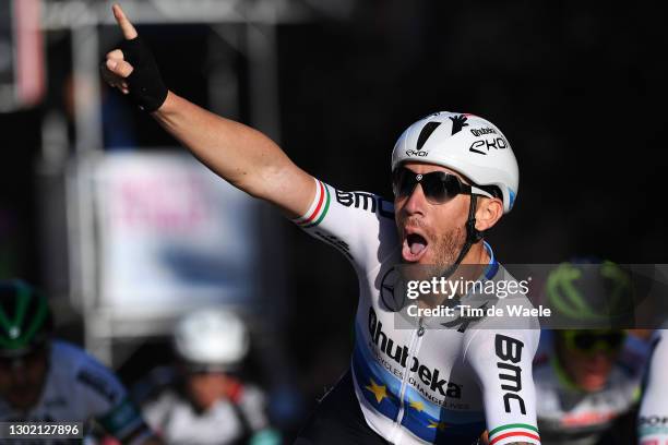 Arrival / Giacomo Nizzolo of Italy and Team Team Qhubeka Assos Celebration / during the 34th Clásica de Almeria 2021 a 183,3km race from Pueblo de...