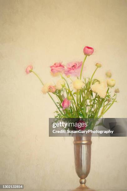 painterly ranunculus in silver vase - metal flower arrangement stock pictures, royalty-free photos & images