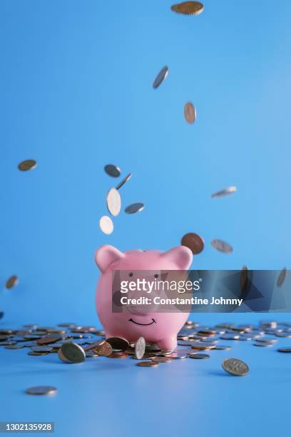 coins dropping on piggy bank - cash falling stock pictures, royalty-free photos & images