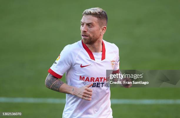 Alejandro Papu Gomez of Sevilla FC looks on during the La Liga Santander match between Sevilla FC and SD Huesca at Estadio Ramon Sanchez Pizjuan on...