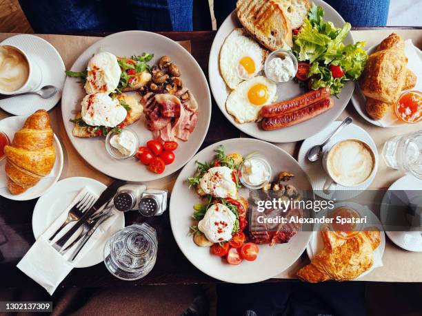 brunch at the restaurant, high angle view - brunch stock pictures, royalty-free photos & images