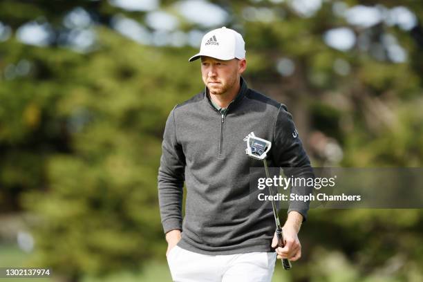 Daniel Berger of the United States reacts on the second green during the final round of the AT&T Pebble Beach Pro-Am at Pebble Beach Golf Links on...