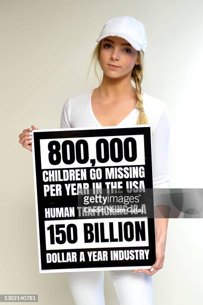 Kayla Stern poses for a photo shoot as Cosmopolitan NYFW brings awareness against child sex trafficking at New Yorker Hotel on February 14, 2021 in...