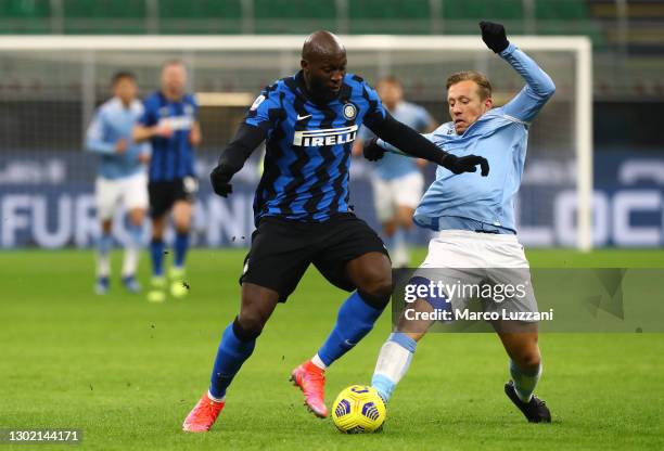 Romelu Lukaku of FC Internazionale and Lucas Leiva of SS Lazio battle for the ball during the Serie A match between FC Internazionale and SS Lazio at...