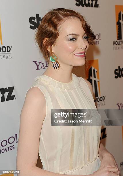 Actress Emma Stone arrives at the 15th Annual Hollywood Film Awards Gala Presented By Starz held at The Beverly Hilton Hotel on October 24, 2011 in...