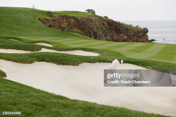 Jason Day of Australia plays his second shot on the sixth hole during the final round of the AT&T Pebble Beach Pro-Am at Pebble Beach Golf Links on...
